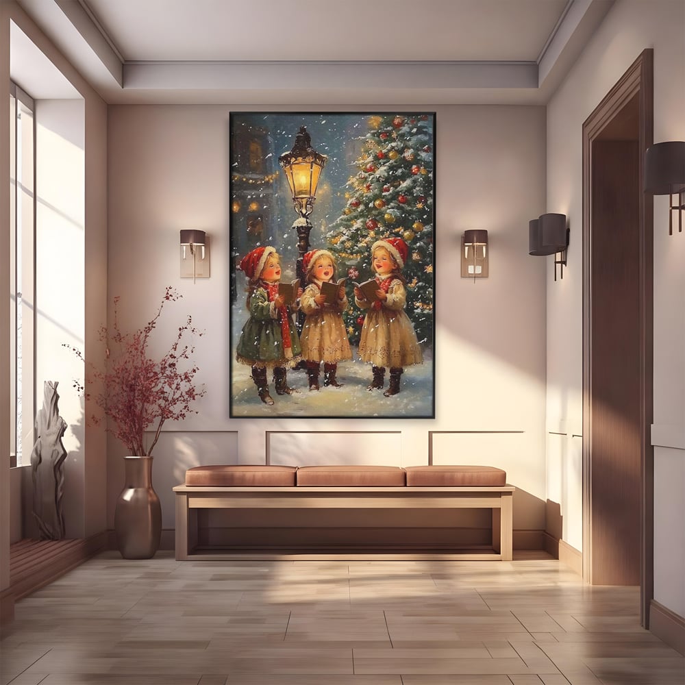 Tablou canvas cu pictura cu trei fetite colindatoare, in rama de aluminiu negru